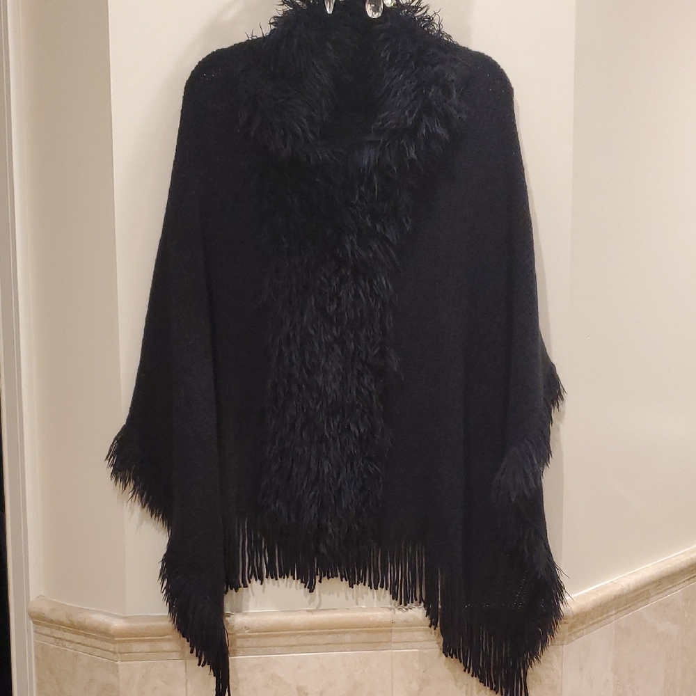 Black Faux Fur Fringe Poncho